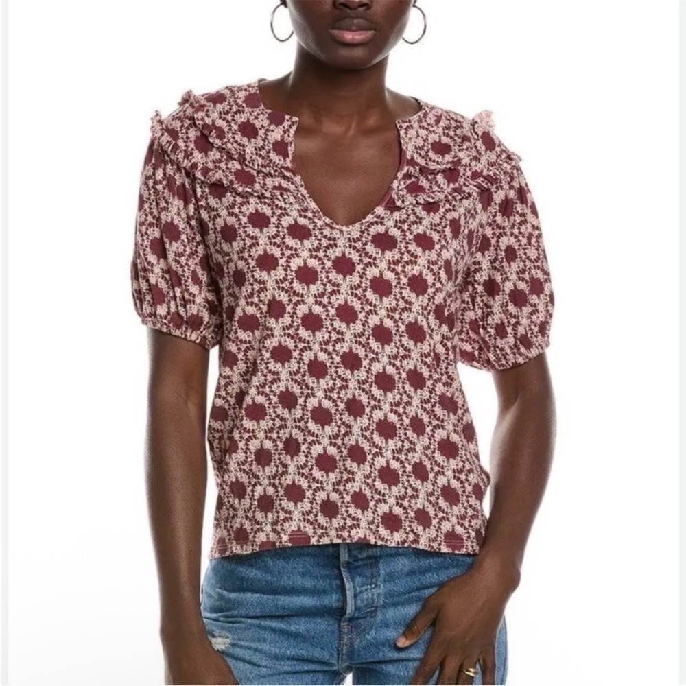 Nation LTD Judith Ruffle Puff Sleeve Floral Top 100% Cotton Burgundy Wine Ikat